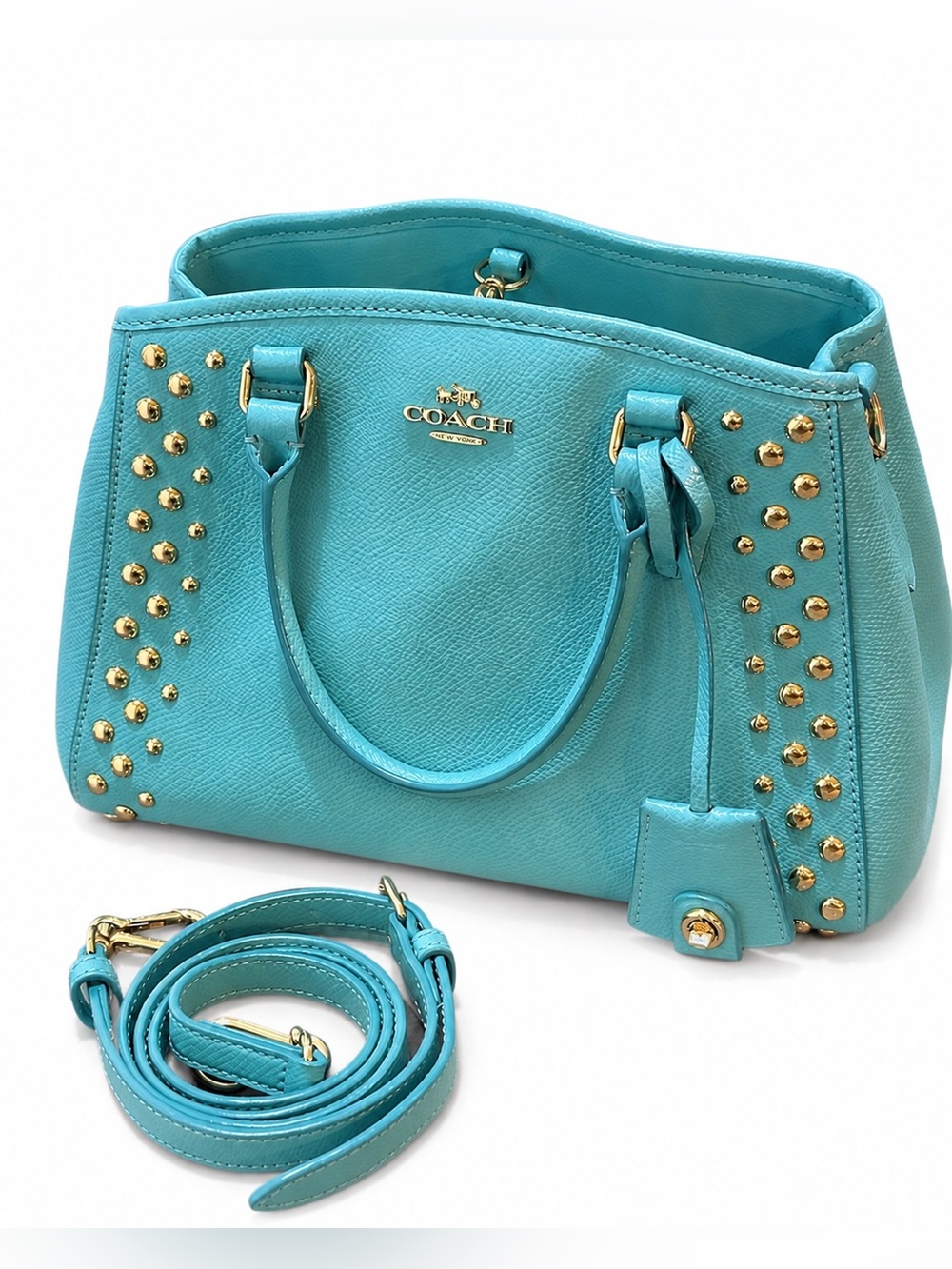 Coach Margot Studded Carryall Crossbody Aqua Blue Pebbled Leather Silver Rivets